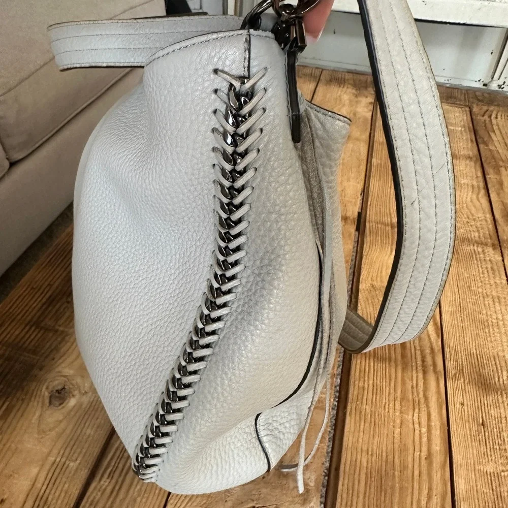 Rebecca Minkoff Light Grey Pebbled Leather‎ Whipstitch Chain Hobo Crossbody Bag